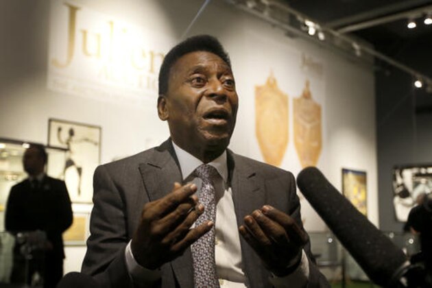 Brazilian former footballer Pele is interviewed during a media opportunity in London, Wednesday, June 1, 2016. The three-time World Cup Champion, FIFA Player of the Century and Brazilian Football icon, will offer his vast collection of memorabilia, awards, personal property and iconic items from his entire career, to be auctioned on June 7,8 and 9 in London. (AP Photo/Kirsty Wigglesworth)