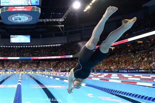 Katie Ledecky starts the women's 200-meter freestyle final at the U.S. Olympic swimming trials, Wednesday, June 29, 2016, in Omaha, Neb. (AP Photo/Mark J. Terrill)