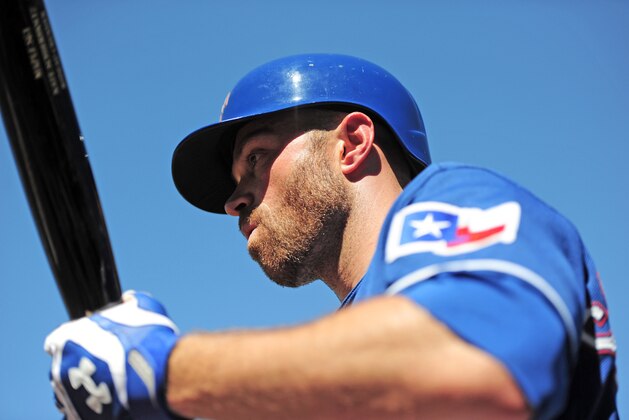 Mar 21, 2015; Surprise, AZ, USA; Texas Rangers right fielder Nate Schierholtz (8) looks on against the Milwaukee Brewers at Surprise Stadium. Mandatory Credit: Joe Camporeale-USA TODAY Sports