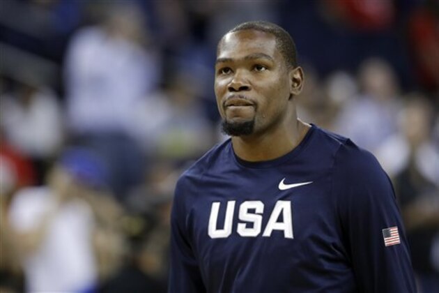 United States' Kevin Durant during an exhibition basketball game against China Tuesday, July 26, 2016, in Oakland, Calif. (AP Photo/Marcio Jose Sanchez)