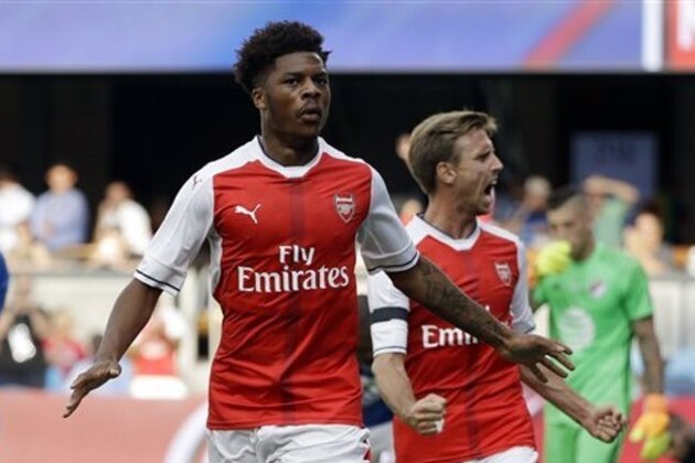 Arsenal forward Chuba Akpom celebrates his goal against the MLS All-Stars during the second half of the MLS All-Star soccer game Thursday, July 28, 2016, in San Jose, Calif. Arsenal won 2-1. (AP Photo/Marcio Jose Sanchez)