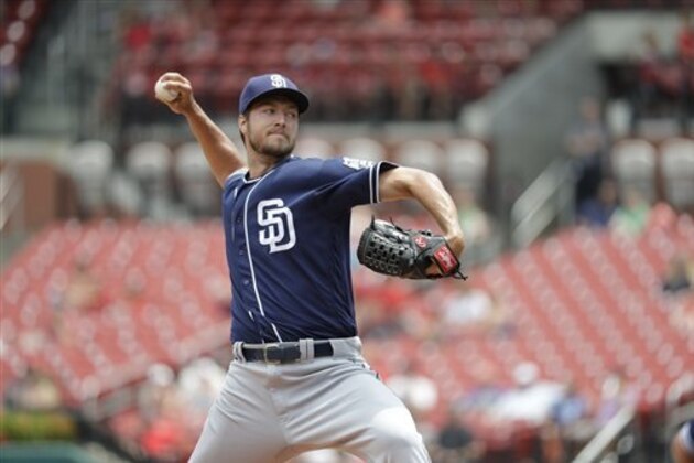 San Diego Padres starting pitcher Colin Rea throws during the first inning in the first game of a baseball doubleheader against the St. Louis Cardinals Wednesday, July 20, 2016, in St. Louis. (AP Photo/Jeff Roberson)