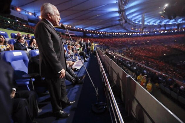 Brazil interim President Michel Temer declares the opening of the 2016 Summer Olympics during the opening ceremony in Rio de Janeiro, Brazil, Friday, Aug. 5, 2016. (AP Photo/Mark Humphrey, Pool)