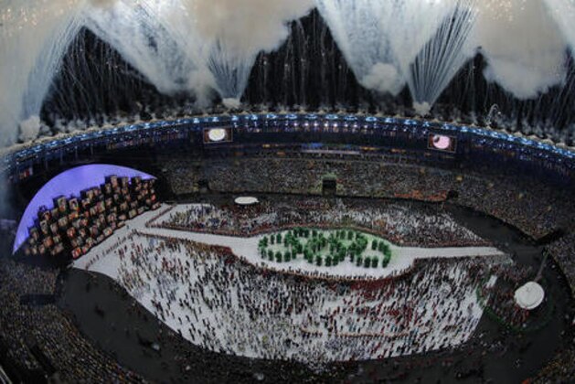 Fireworks are seen over Maracana Stadium during the opening ceremony at the 2016 Summer Olympics in Rio de Janeiro, Brazil, Friday, Aug. 5, 2016. (AP Photo/Morry Gash)