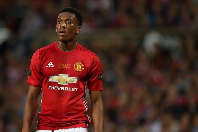 MANCHESTER, ENGLAND - AUGUST 03: Anthony Martial of Manchester United during the Wayne Rooney Testimonial match between Manchester United and Everton at Old Trafford on August 3, 2016 in Manchester, England.  (Photo by Matthew Ashton - AMA/Getty Images)