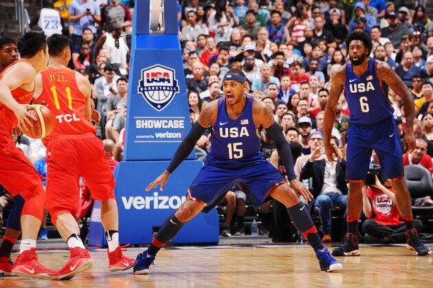 LOS ANGELES, CA - JULY 24:  Carmelo Anthony #15 of the USA Basketball Men's National Team plays defense against China on July 24, 2016 at STAPLES Center in Los Angeles, California. NOTE TO USER: User expressly acknowledges and agrees that, by downloading and/or using this Photograph, user is consenting to the terms and conditions of the Getty Images License Agreement. Mandatory Copyright Notice: Copyright 2016 NBAE (Photo by Juan Ocampo/NBAE via Getty Images)