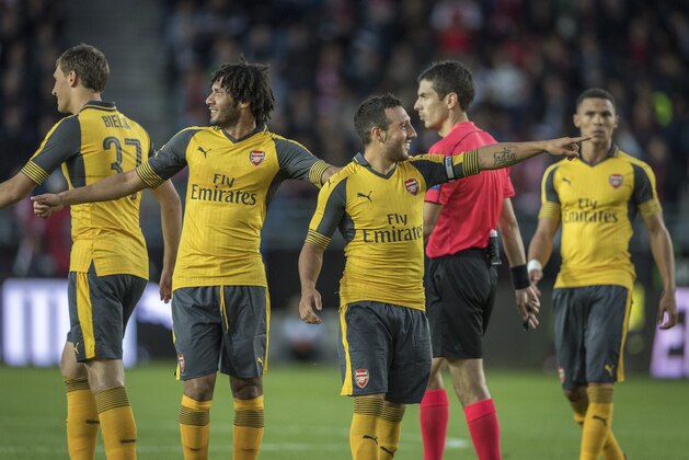 STAVANGER, NORWAY - AUGUST 05: Krystian Bielik, Mohamed Elneny, Santi Cazorla, Kieran Gibbs  of Arsenal during the match between Viking FK and Arsenal at Viking Stadion on August 5, 2016 in Stavanger, Norway. (Photo by Trond Tandberg/Getty Images)