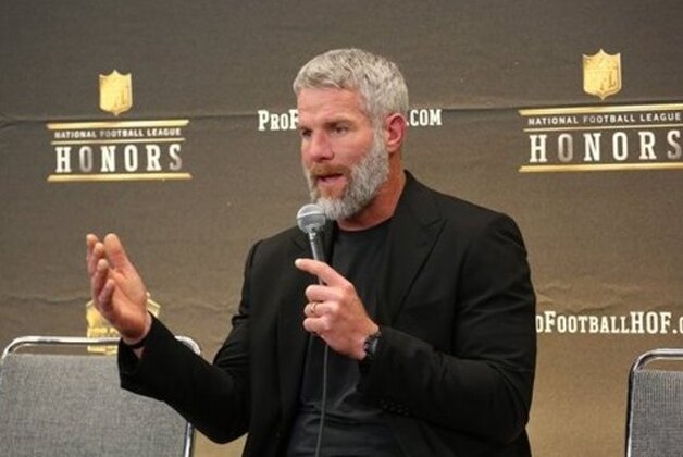 Former NFL player Brett Favre, who will be inducted into the Pro Football Hall of Fame class of 2016, speaks in the Hall of Fame press room at the the 5th annual NFL Honors at the Bill Graham Civic Auditorium on Saturday, Feb. 6, 2016, in San Francisco. (Photo by Jack Dempsey/Invision for NFL/AP Images)