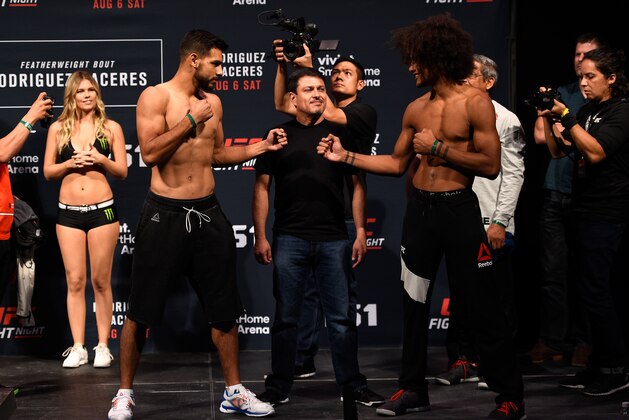 SALT LAKE CITY, UT - AUGUST 05:  (L-R) Opponents Yair Rodriguez of Mexico and Alex Caceres face off during the UFC weigh-in at Vivint Smart Home Arena on August 5, 2016 in Salt Lake City, Utah. (Photo by Jeff Bottari/Zuffa LLC/Zuffa LLC via Getty Images)