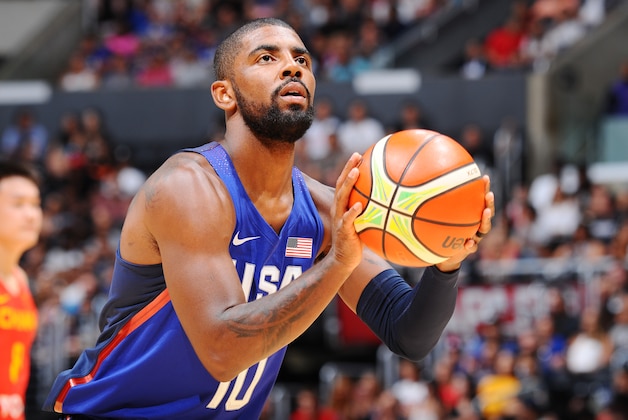 LOS ANGELES, CA - JULY 24:  Kyrie Irving #0 of the USA Basketball Men's National Team shoots a free throw against China on July 24, 2016 at STAPLES Center in Los Angeles, California. NOTE TO USER: User expressly acknowledges and agrees that, by downloading and/or using this Photograph, user is consenting to the terms and conditions of the Getty Images License Agreement. Mandatory Copyright Notice: Copyright 2016 NBAE (Photo by Juan Ocampo/NBAE via Getty Images)