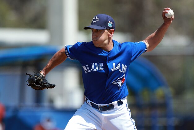 Mar 15, 2016; Dunedin, FL, USA; Toronto Blue Jays relief pitcher Pat Venditte (44) throws a pitch during the fourth inning against the Baltimore Orioles at Florida Auto Exchange Park. Mandatory Credit: Kim Klement-USA TODAY Sports