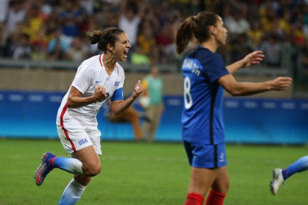 United States's Carli Lloyd, left, celebrates her goal during a group G match of the women's Olympic football tournament between United States and France at the Mineirao stadium in Belo Horizonte, Brazil, Saturday, Aug. 6, 2016. (AP Photo/Eugenio Savio) United States's Carli Lloyd, left, celebrates her goal during a group G match of the women's Olympic football tournament between United States and France at the Mineirao stadium in Belo Horizonte, Brazil, Saturday, Aug. 6, 2016. (AP Photo/Eugenio Savio)
