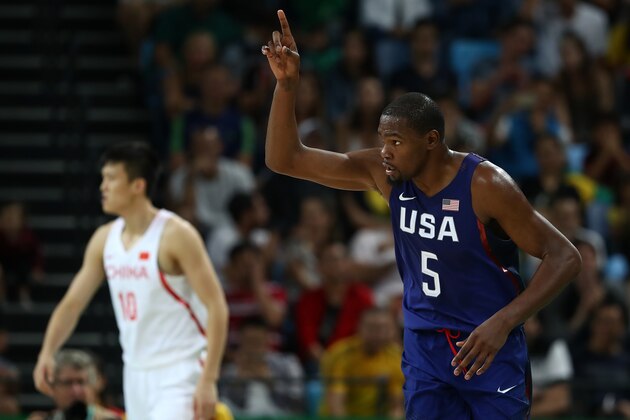 RIO DE JANEIRO, BRAZIL - AUGUST 06:  Kevin Durant #5 of United States reacts after a three point shot against China in the Men's Preliminary Round Group A match on Day 1 of the Rio 2016 Olympic Games at Carioca Arena 1 on August 6, 2016 in Rio de Janeiro, Brazil.  (Photo by Elsa/Getty Images)