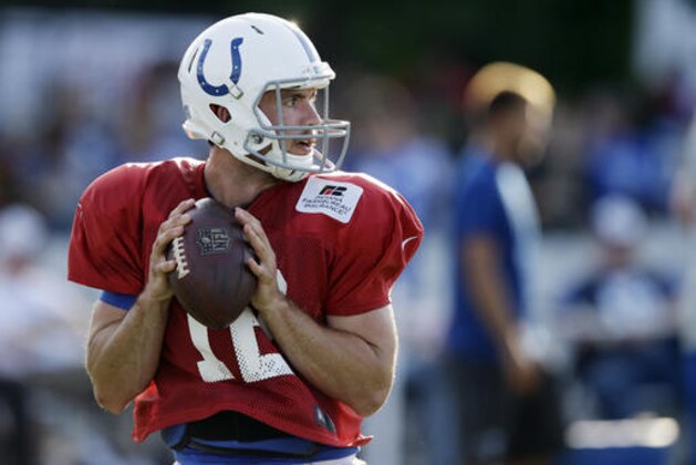 Indianapolis Colts quarterback Andrew Luck drops back to throw during the NFL team's football training camp in Anderson, Ind., Tuesday, Aug. 2, 2016. (AP Photo/Michael Conroy)
