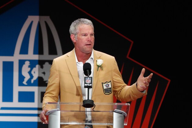 CANTON, OH - AUGUST 06:  Brett Favre, former NFL quarterback, speaks during his 2016 Class Pro Football Hall of Fame induction speech during the NFL Hall of Fame Enshrinement Ceremony at the Tom Benson Hall of Fame Stadium on August 6, 2016 in Canton, Ohio.  (Photo by Joe Robbins/Getty Images)