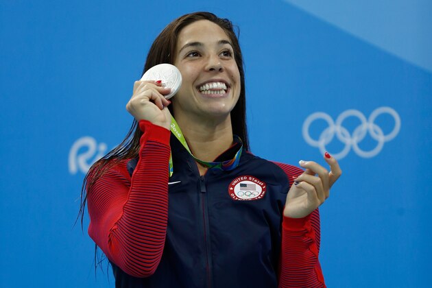 RIO DE JANEIRO, BRAZIL - AUGUST 06:  Silver medalist Maya Dirado of the United States poses during the medal ceremony for the Final of the Women's 400m Individual Medley on Day 1 of the Rio 2016 Olympic Games at the Olympic Aquatics Stadium on August 6, 2016 in Rio de Janeiro, Brazil.  (Photo by Clive Rose/Getty Images)