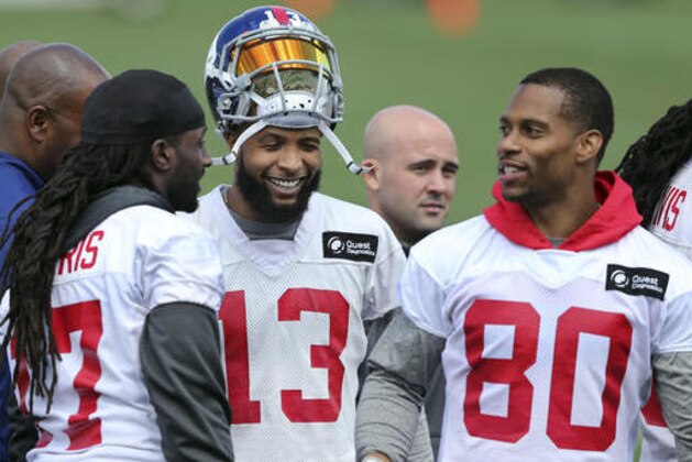 New York Giants wide receivers Victor Cruz (80), Odell Beckham Jr. (13) and Dwayne Harris (17) talk during an NFL football minicamp Wednesday, April 27, 2016, in East Rutherford, N.J. (AP Photo/Mel Evans)