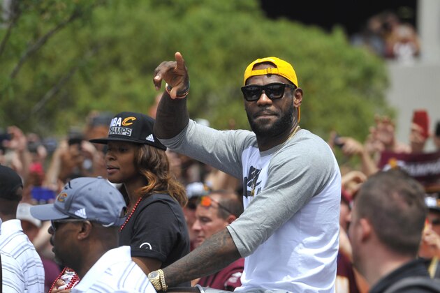 Jun 22, 2016; Cleveland, OH, USA; Cleveland Cavaliers forward LeBron James celebrates during the NBA championship parade in downtown Cleveland. Mandatory Credit: David Richard-USA TODAY Sports