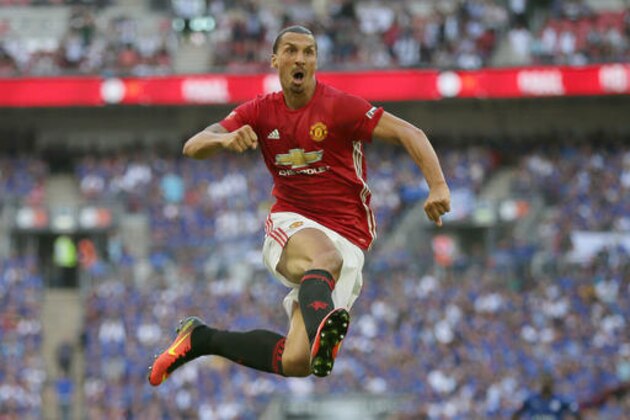 Manchester United's Zlatan Ibrahimovic celebrates after scoring a goal during the Community Shield soccer match between Leicester and Manchester United at Wembley stadium in London, Sunday, Aug. 7, 2016. (AP Photo/Tim Ireland) Manchester United's Zlatan Ibrahimovic celebrates after scoring a goal during the Community Shield soccer match between Leicester and Manchester United at Wembley stadium in London, Sunday, Aug. 7, 2016. (AP Photo/Tim Ireland)