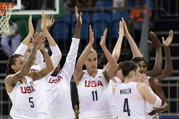 (From L) USA's forward Seimone Augustus, USA's small forward Elena Delle Donne and USA's guard Lindsay Whalen react after USA defeated Senegal during a Women's round Group B basketball match between USA and Senegal at the Youth Arena in Rio de Janeiro on August 7, 2016 during the Rio 2016 Olympic Games. / AFP / JAVIER SORIANO        (Photo credit should read JAVIER SORIANO/AFP/Getty Images)
