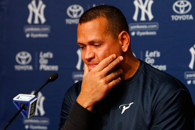 NEW YORK, NY - AUGUST 07:  Alex Rodriguez fights back tears during a news conference on August 7, 2016 at Yankee Stadium in the Bronx borough of New York City.  Rodriguez announced that he will play his final major league game on Friday, August 12 and then assume a position with the Yankees as a special advisor and instructor. (Photo by Jim McIsaac/Getty Images)
