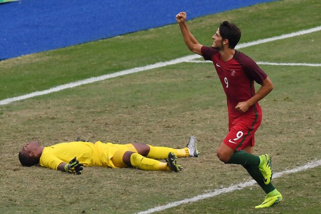 Paciencia of Portugal celebrates after scoring against Honduras during their Rio 2016 Olympic Games men's First Round Group D football match at the Olympic Stadium in Rio de Janeiro, Brazil, on August 7, 2016.   / AFP / VANDERLEI ALMEIDA        (Photo credit should read VANDERLEI ALMEIDA/AFP/Getty Images)