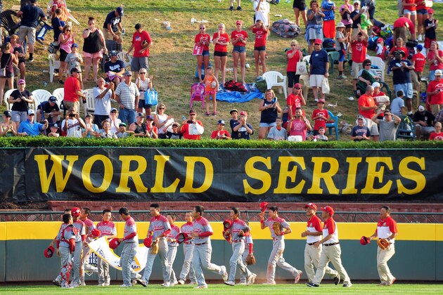 Aug 30, 2015; Williamsport, PA, USA; Japan Region players celebrate after beating the Mid-Atlantic Region 18-11 to win the Little League World Series at Howard J. Lamade Stadium. Mandatory Credit: Evan Habeeb-USA TODAY Sports