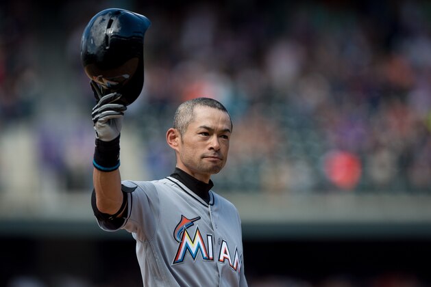 DENVER, CO - AUGUST 7: Ichiro Suzuki #51 of the Miami Marlins tips his hat to the crowd after hitting a seventh inning triple against the Colorado Rockies for the 3,000th hit of his major league career during a game at Coors Field on August 7, 2016 in Denver, Colorado.  (Photo by Dustin Bradford/Getty Images)
