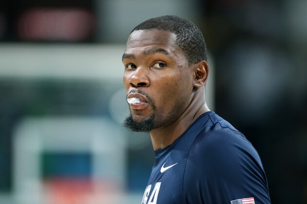 RIO DE JANEIRO, BRAZIL - AUGUST 6: Kevin Durant of USA looks on during the group phase basketball match between USA and China on day 1 of the Rio 2016 Olympic Games at Carioca Arena 1 on August 6, 2016 in Rio de Janeiro, Brazil. (Photo by Jean Catuffe/Getty Images)