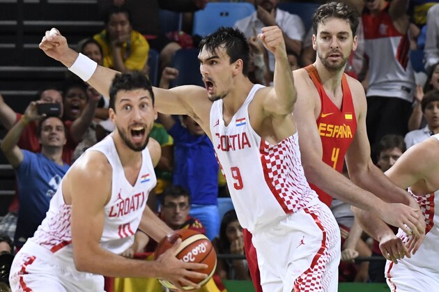 Aug 7, 2016; Rio de Janeiro, Brazil; Croatia forward Dario Saric (9) reacts after blocking a a last-second shot by Spain center Pau Gasol (4) in a mens preliminary basketball game at Carioca Arena 1 during the Rio 2016 Rio Summer Olympic Games. Croatia won 72-70. Mandatory Credit: Robert Hanashiro-USA TODAY Sports