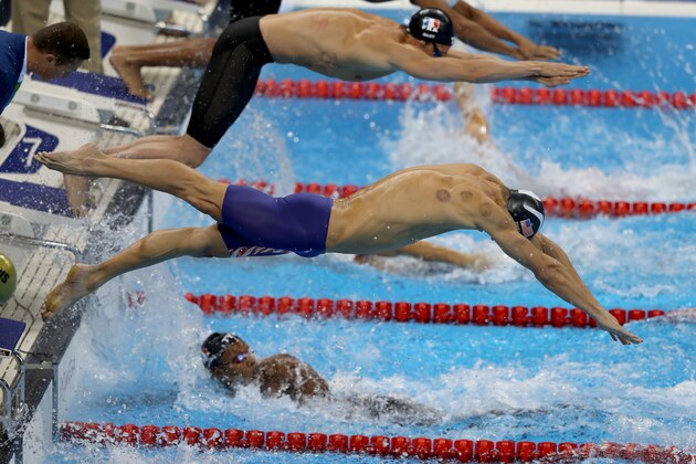 RIO DE JANEIRO, BRAZIL - AUGUST 07:  Michael Phelps of the United States competes in the Final of the Men's 4 x 100m Freestyle Relay on Day 2 of the Rio 2016 Olympic Games at the Olympic Aquatics Stadium on August 7, 2016 in Rio de Janeiro, Brazil.  (Photo by Al Bello/Getty Images)