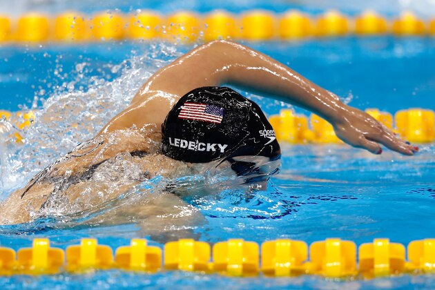 RIO DE JANEIRO, BRAZIL - AUGUST 07:  Katie Ledecky of the United States competes in the Women's 400m Freestyle Final on Day 2 of the Rio 2016 Olympic Games at the Olympic Aquatics Stadium on August 7, 2016 in Rio de Janeiro, Brazil.  (Photo by Clive Rose/Getty Images)