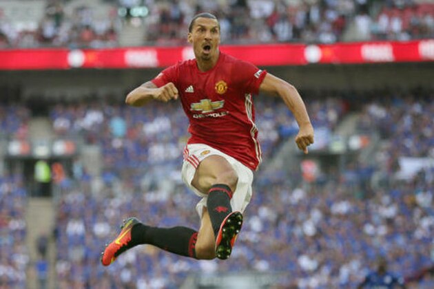 Manchester United's Zlatan Ibrahimovic celebrates after scoring a goal during the Community Shield soccer match between Leicester and Manchester United at Wembley stadium in London, Sunday, Aug. 7, 2016. (AP Photo/Tim Ireland)