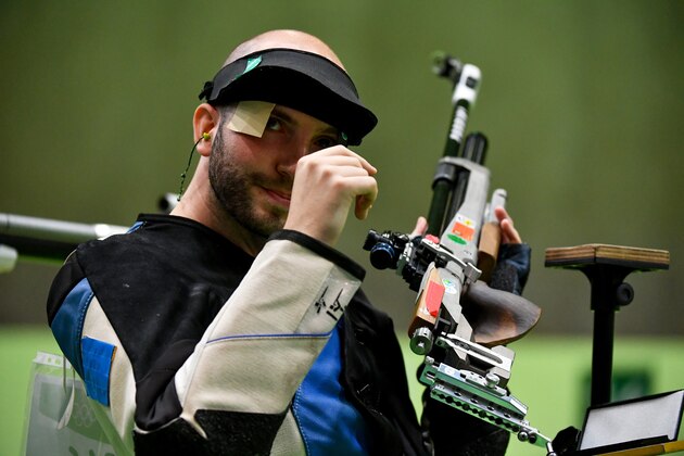 Italy's Niccolo' Campriani reacts during the 10m Air Rifle Men's at the Olympic Shooting Centre in Rio de Janeiro on August 8, 2016, during the Rio 2016 Olympic Games. / AFP / PASCAL GUYOT        (Photo credit should read PASCAL GUYOT/AFP/Getty Images)