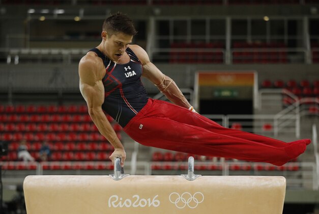 Aug 3, 2016; Rio de Janeiro, Brazil; Chris Brooks (USA) practices on the pommel horse during Men's Podium Training at Rio Olympic Arena. Mandatory Credit: Andrew P. Scott-USA TODAY Sports Aug 3, 2016; Rio de Janeiro, Brazil; Chris Brooks (USA) practices on the pommel horse during Men's Podium Training at Rio Olympic Arena. Mandatory Credit: Andrew P. Scott-USA TODAY Sports