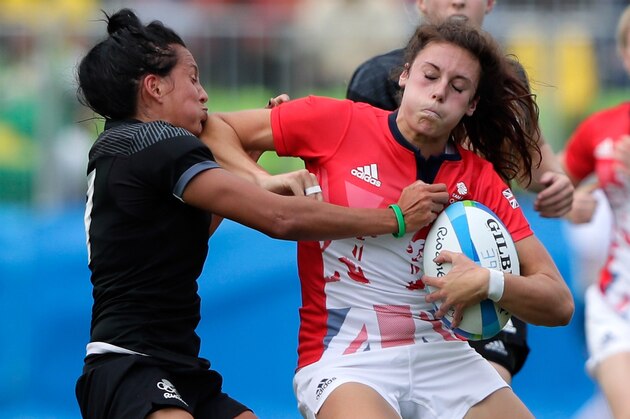 RIO DE JANEIRO, BRAZIL - AUGUST 08:  Tyla Nathan-Wong of New Zealand tackles Abbie Brown of Great Britain during the Women's Semi Final 2 Rugby Sevens match between Great Britain and New Zealand on Day 3 of the Rio 2016 Olympic Games at the Deodoro Stadium on August 8, 2016 in Rio de Janeiro, Brazil.  (Photo by Jamie Squire/Getty Images)