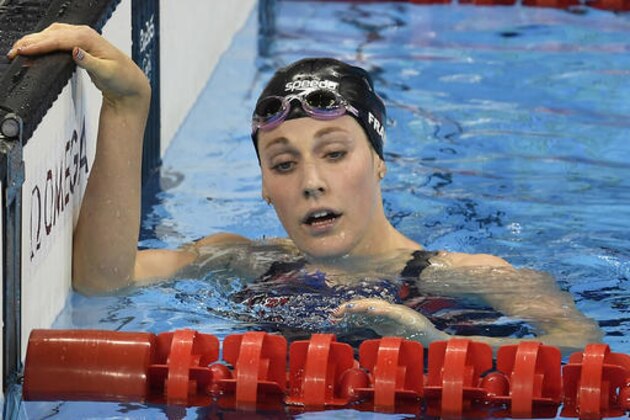 United States' Missy Franklin reacts after placing last in a women's 200-meter freestyle semifinal during the swimming competitions at the 2016 Summer Olympics, Monday, Aug. 8, 2016, in Rio de Janeiro, Brazil. (AP Photo/Martin Meissner)