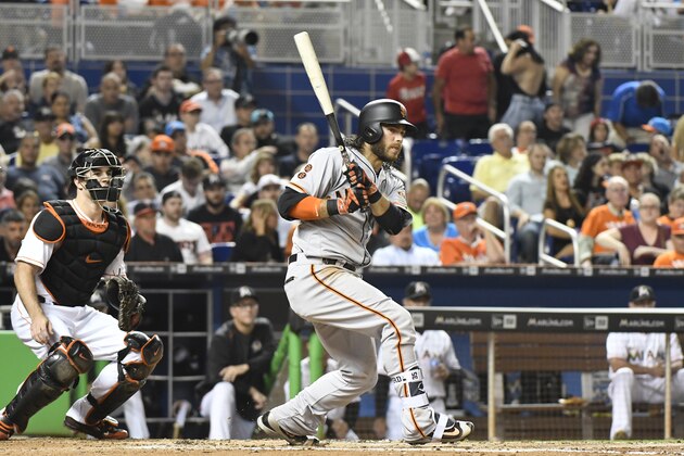 MIAMI, FL - AUGUST 08: Brandon Crawford #35 of the San Francisco Giants hits double in the 4th inning agains the Miami Marlins at Marlins Park on August 8, 2016 in Miami, Florida. (Photo by Eric Espada/Getty Images)