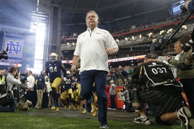 Notre Dame head coach Brian Kelly leads his players onto the field prior to the Fiesta Bowl NCAA College football game against Ohio State , Friday, Jan. 1, 2016, in Glendale, Ariz.  (AP Photo/Ross D. Franklin)