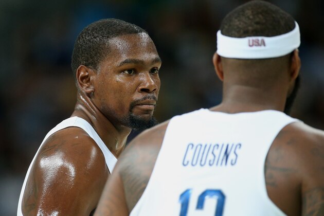 RIO DE JANEIRO, BRAZIL - AUGUST 8: Kevin Durant of USA looks on during the men's basketball match between USA and Venezuela at Arena Carioca 1 on day 3 of the Rio 2016 Olympic Games on August 8, 2016 in Rio de Janeiro, Brazil. (Photo by Jean Catuffe/Getty Images)