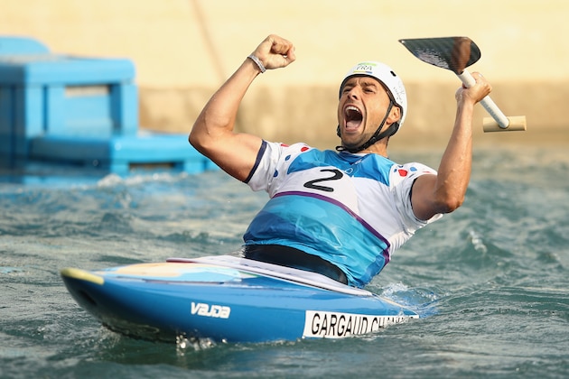 RIO DE JANEIRO, BRAZIL - AUGUST 09:  Denis Gargaud Chanut of France reacts during the Canoe Single (C1) Men's Final on Day 4 of the Rio 2016 Olympic Games at the Whitewater Stadium on August 9, 2016 in Rio de Janeiro, Brazil.  (Photo by Mark Kolbe/Getty Images)