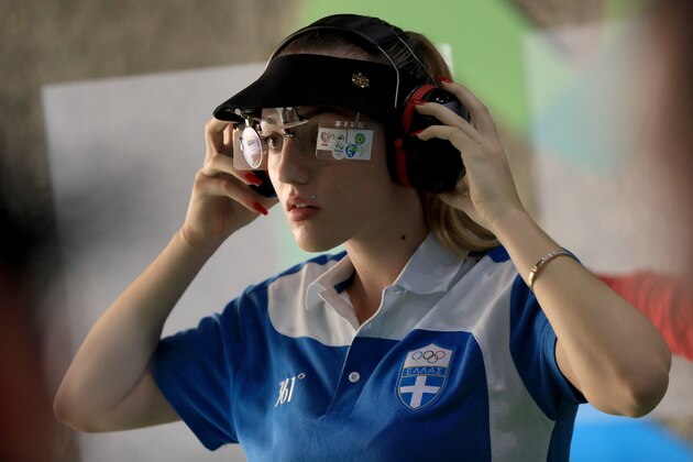 RIO DE JANEIRO, BRAZIL - AUGUST 09:  Anna Korakaki of Greece competes in the 25m Pistol competition on Day 4 of the Rio 2016 Olympic Games at the Olympic Shooting Centre on August 9, 2016 in Rio de Janeiro, Brazil.  (Photo by Sam Greenwood/Getty Images)