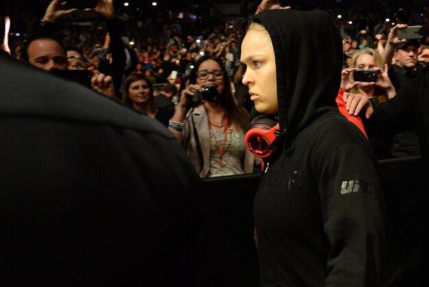 Feb 28, 2015; Los Angeles, CA, USA; Ronda Rousey arrives in the arena to defend her women's bantamweight title against Cat Zingano (not pictured) at UFC 184 at Staples Center. Rousey won in 14 seconds of the first round. Mandatory Credit: Jayne Kamin-Oncea-USA TODAY Sports