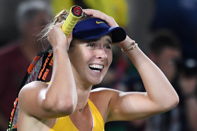 Ukraine's Elina Svitolina reacts after winning her women's third round singles tennis match agaisnt USA's Serena Williams at the Olympic Tennis Centre of the Rio 2016 Olympic Games in Rio de Janeiro on August 9, 2016. / AFP / Luis Acosta        (Photo credit should read LUIS ACOSTA/AFP/Getty Images)