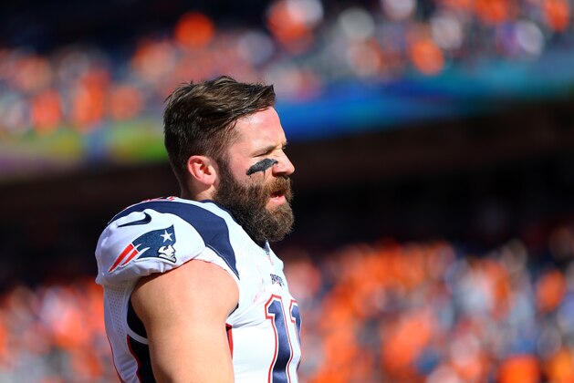 Jan 24, 2016; Denver, CO, USA; New England Patriots wide receiver Julian Edelman (11) against the Denver Broncos in the AFC Championship football game at Sports Authority Field at Mile High. Mandatory Credit: Mark J. Rebilas-USA TODAY Sports
