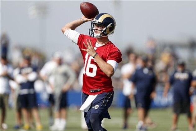 Los Angeles Rams quarterback Jared Goff throws during the NFL football team's training camp, Saturday, July 30, 2016, in Irvine, Calif. (AP Photo/Ryan Kang)