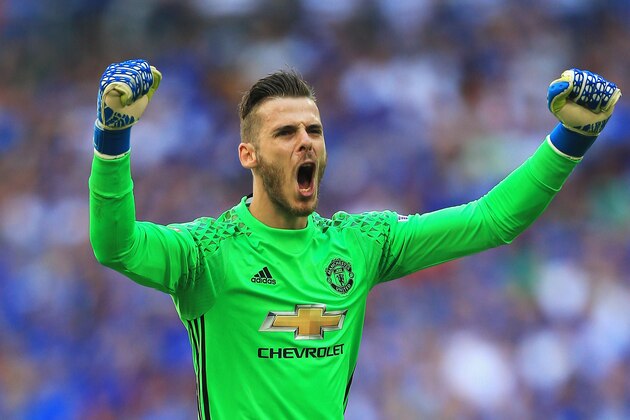 LONDON, ENGLAND - AUGUST 07: David De Gea of Manchester United celebrates after  his sides first goal during The FA Community Shield match between Leicester City and Manchester United at Wembley Stadium on August 7, 2016 in London, England.  (Photo by Ben Hoskins/Getty Images)