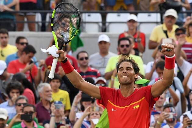 Spain's Rafael Nadal reacts after winning his men's second round singles tennis match against Italy's Andreas Seppi at the Olympic Tennis Centre of the Rio 2016 Olympic Games in Rio de Janeiro on August 9, 2016. / AFP / Luis Acosta        (Photo credit should read LUIS ACOSTA/AFP/Getty Images)