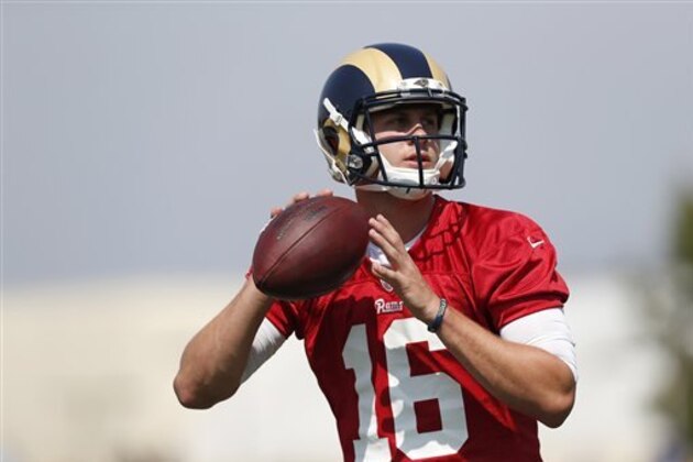 Los Angeles Rams quarterback Jared Goff looks to throw during the NFL football team's training camp, Saturday, July 30, 2016, in Irvine, Calif. (AP Photo/Ryan Kang)