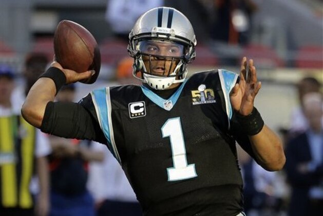 Carolina Panthers’ Cam Newton (1) throws during the first half of the NFL Super Bowl 50 football game against the Denver Broncos Sunday, Feb. 7, 2016, in Santa Clara, Calif. (AP Photo/Gregory Bull)